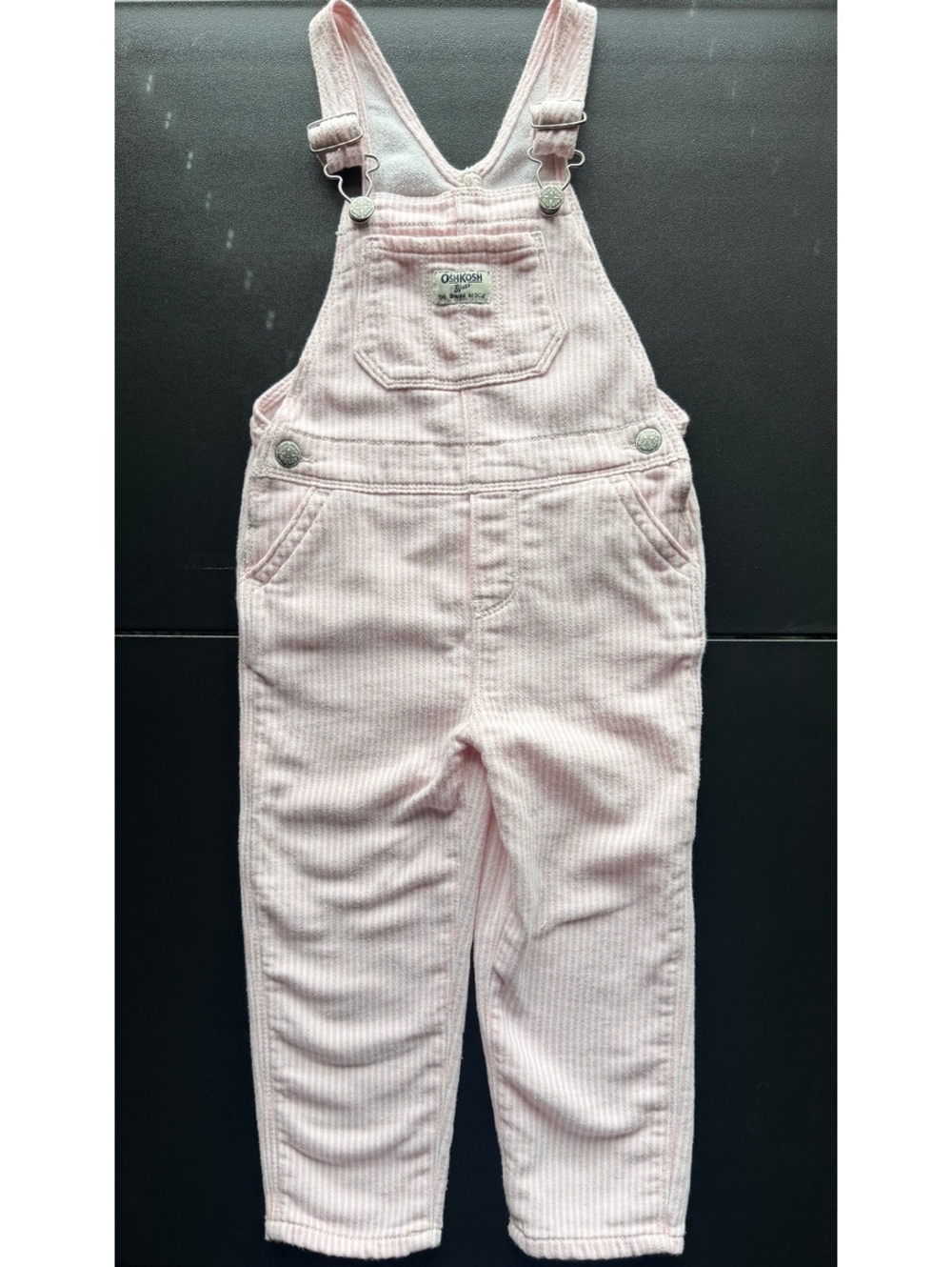 OshKosh B'gosh Girls 4T Pink Hickory Stripe Overalls Knit Denim Adjustable